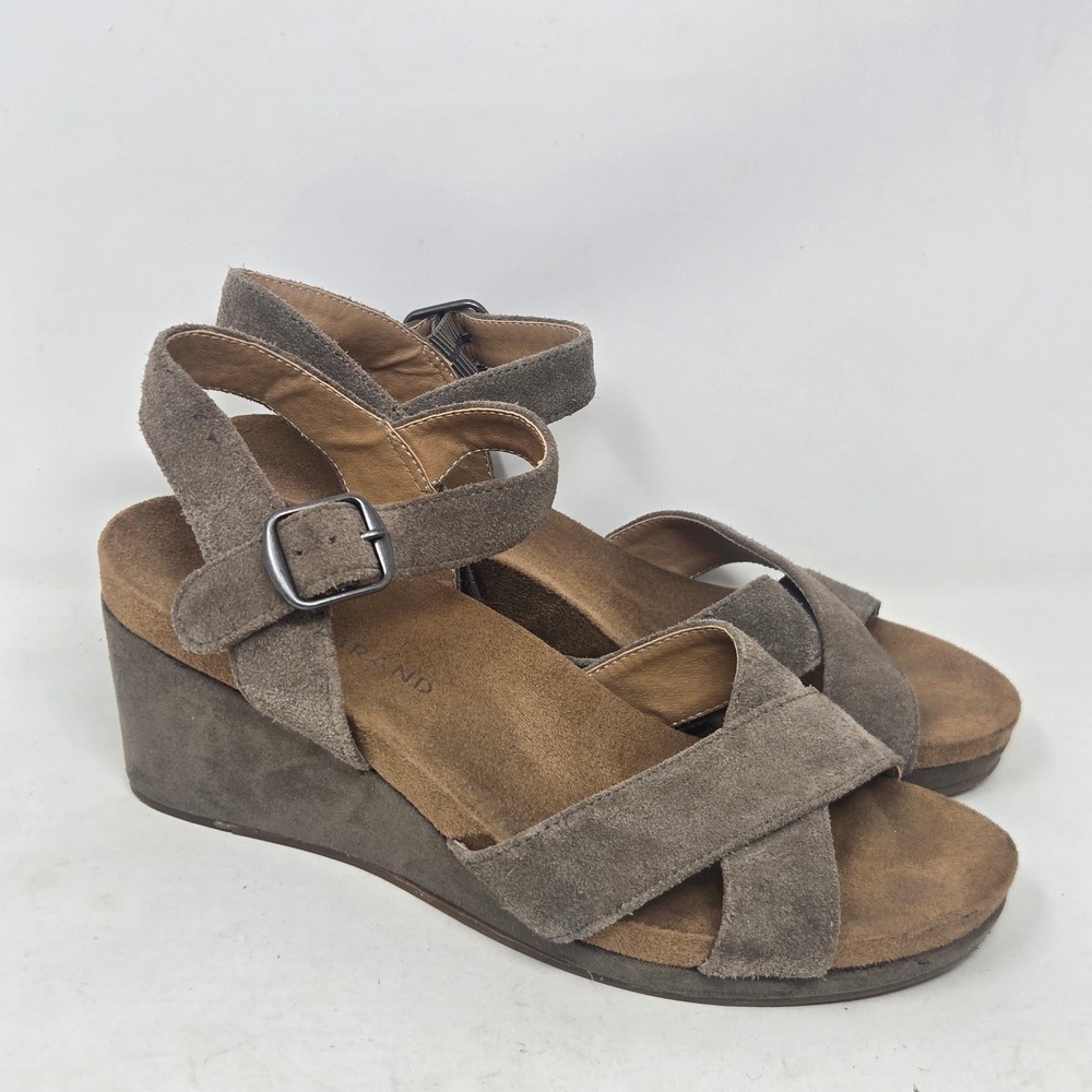 Lucky Brand Womens Tan Suede Wedge Sandals Ankle Strap Cross Strap Size 6.5 M
